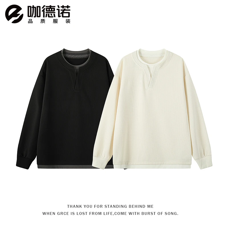 2025新款复古春季两件拼接圆领卫衣男潮牌宽松百搭情侣长袖上衣