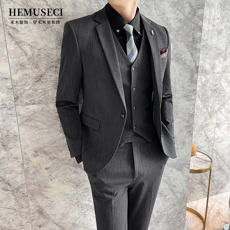 男士韩版个性职业条纹休闲西装套装男修身帅气西服三件套蓝色潮流