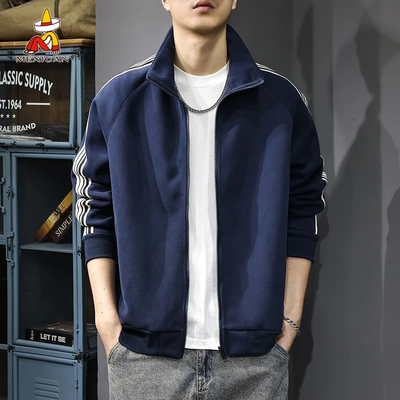 Mexican/稻草人春秋美式复古立领开衫卫衣男拉链条纹运动休闲外套