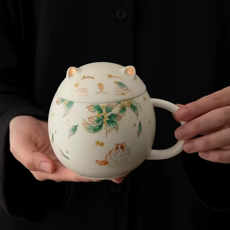 BY040高颜值可爱萌猫陶瓷茶杯带盖水杯家用办公室个人咖啡杯