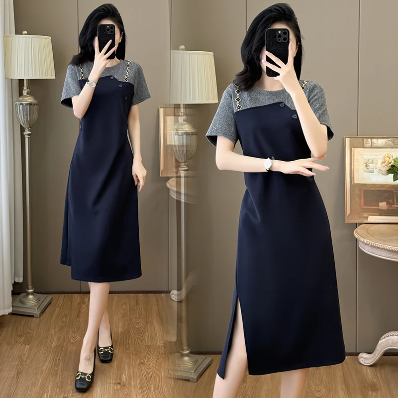 法式高级时尚拼接过膝中长裙2025夏季新款大码女装遮肉显瘦连衣裙