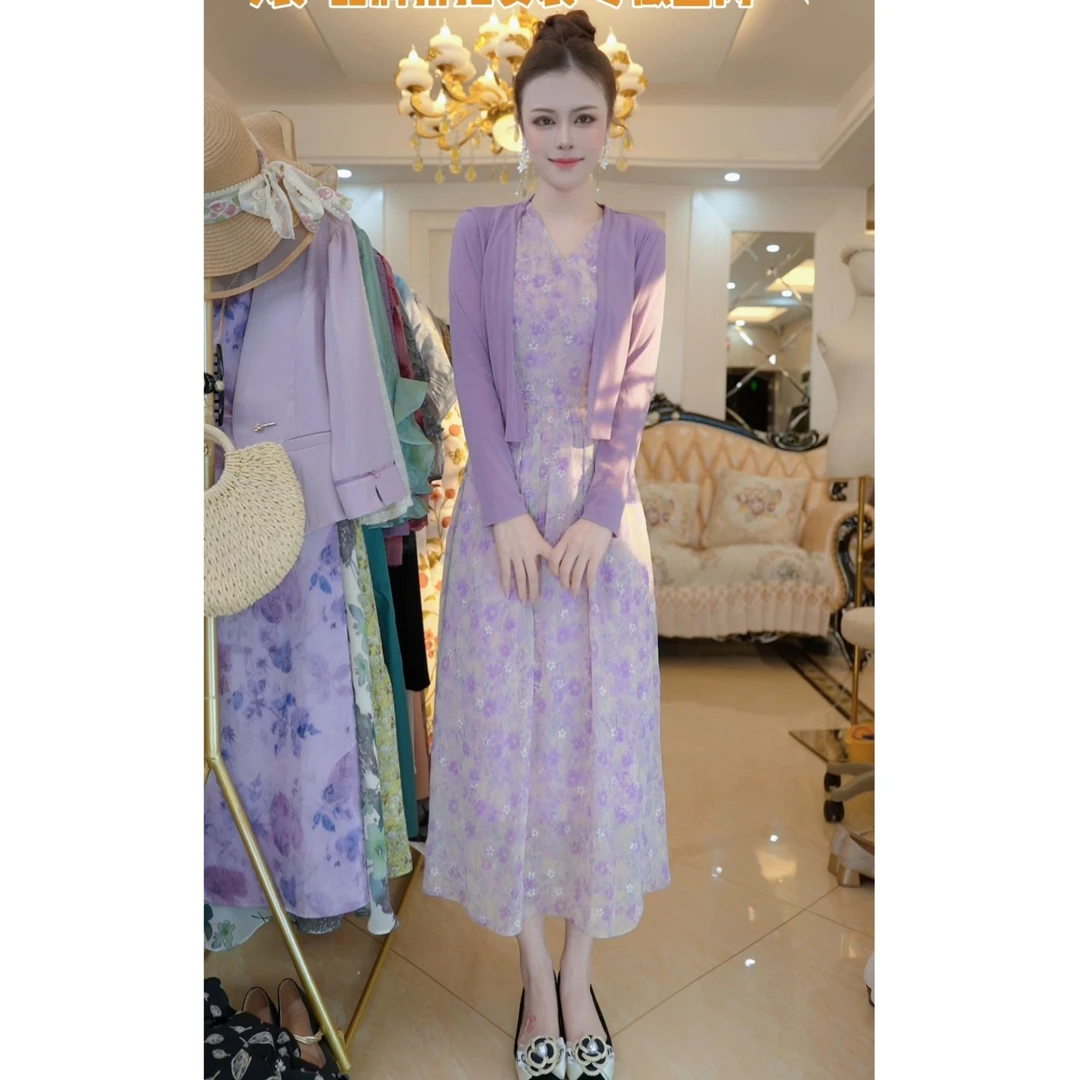 小清新时尚碎花法式2025款两件套外披加连衣裙D3097