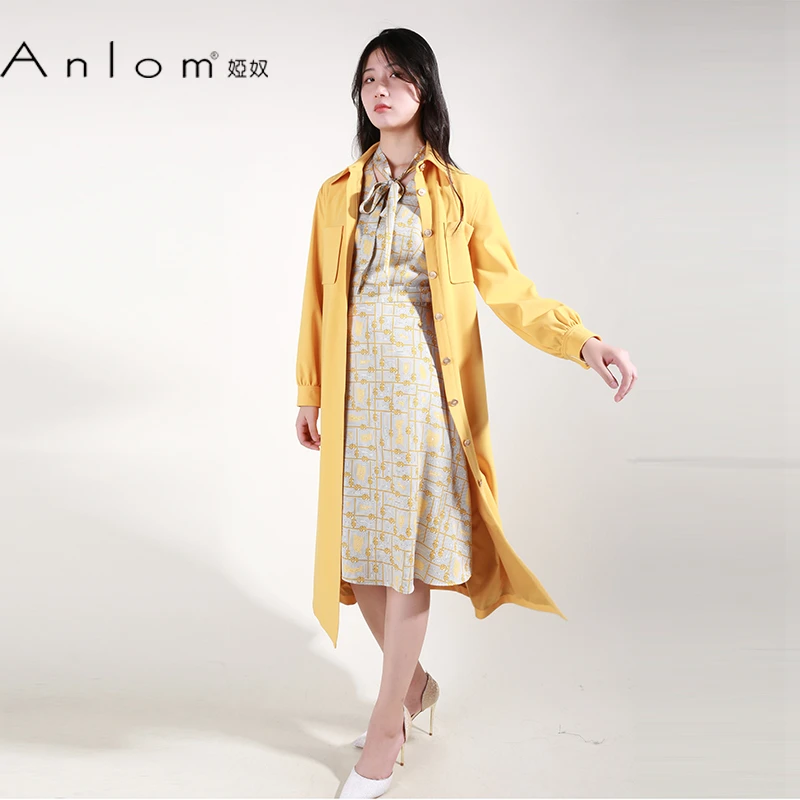 Anlom/娅奴秋季新款长袖翻领郁金涤纶休闲针织通勤常规连衣裙