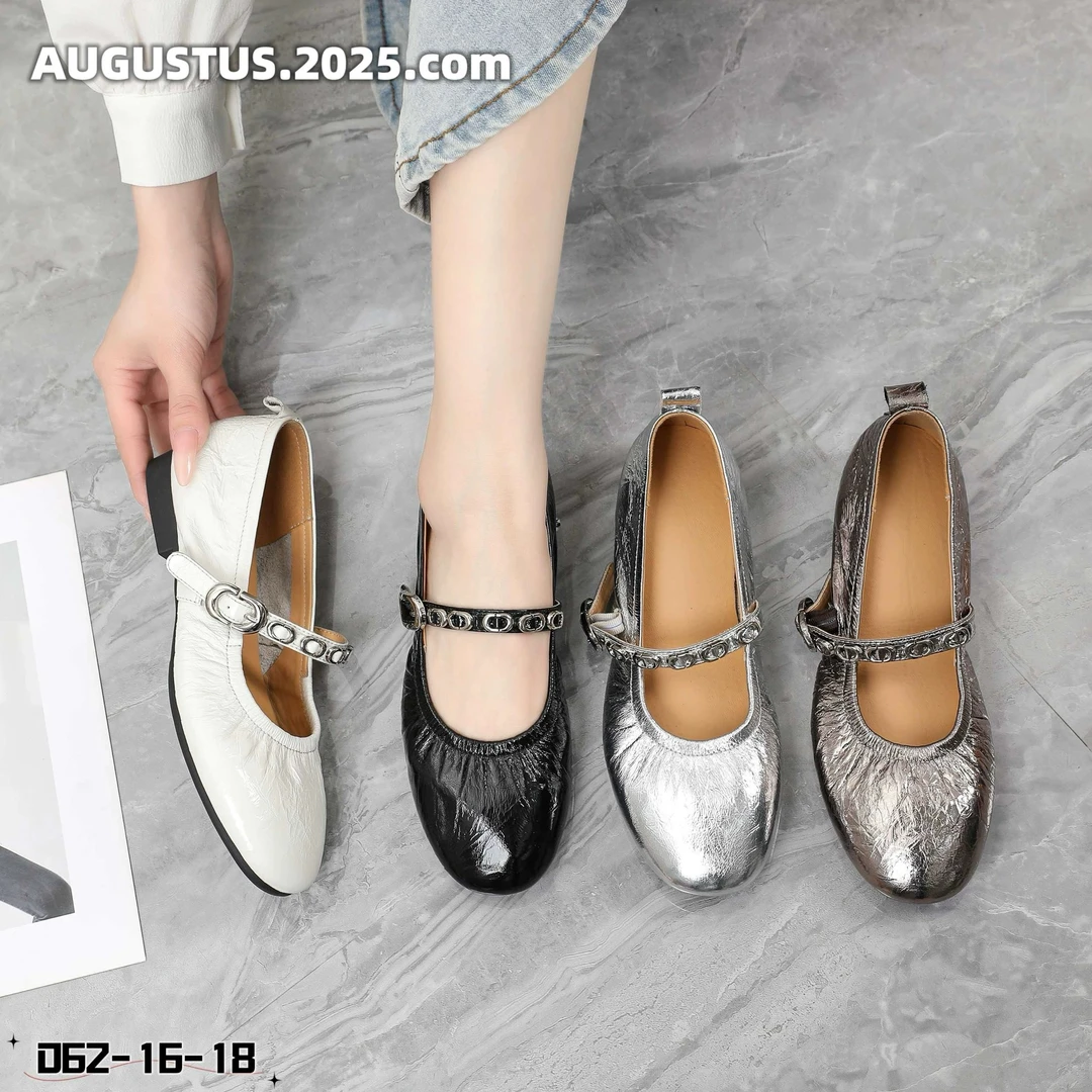 真皮圆头浅口一字扣带平底单鞋百搭女鞋