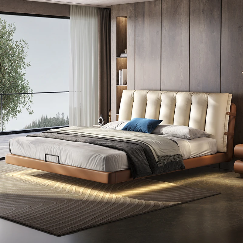 DEMEI/迪美尔头层牛皮轻奢床大象耳朵带灯带头层牛皮床卧室