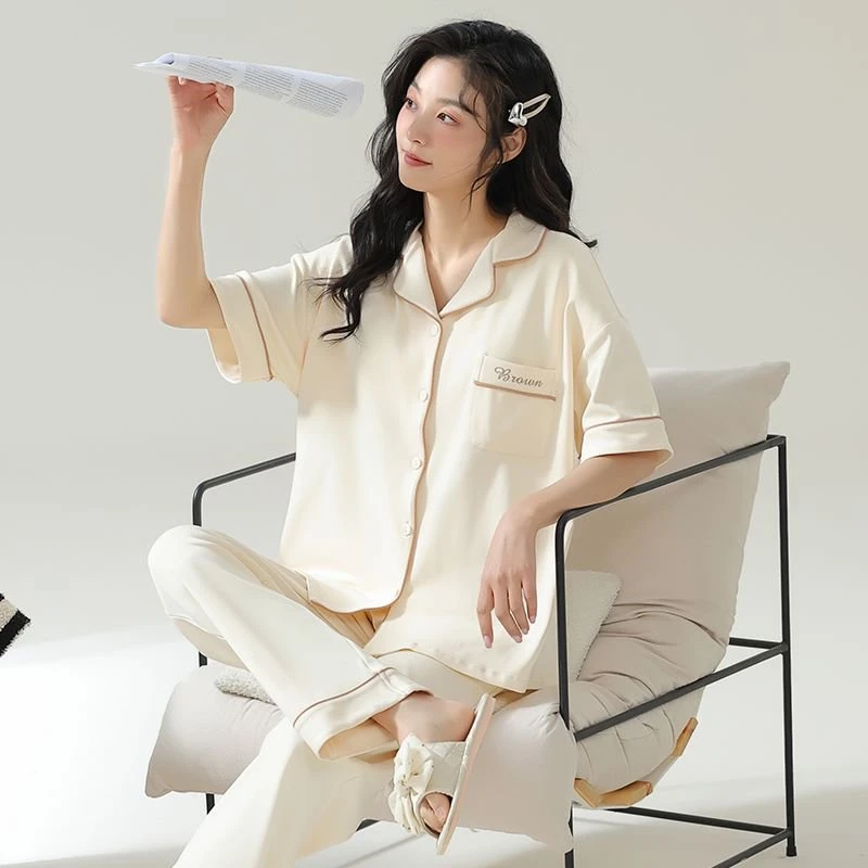 郑小姐~纯棉宽松舒适简约大方睡衣夏季女短袖长裤薄款家居服套装