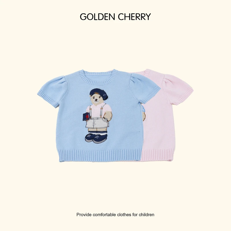 y【Golden cherry】儿童学者熊刺绣针织短袖T恤QS058