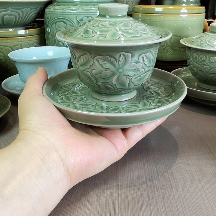 喜***悦耀州窑梦红娟老师香灰胎三才盖碗