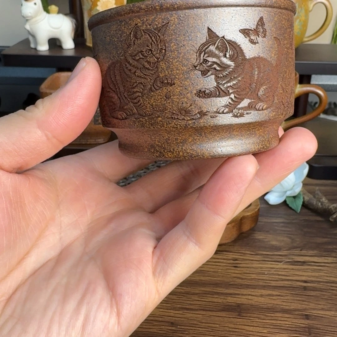 紫砂茶碗nx 龙骨金砂猫咪150ml