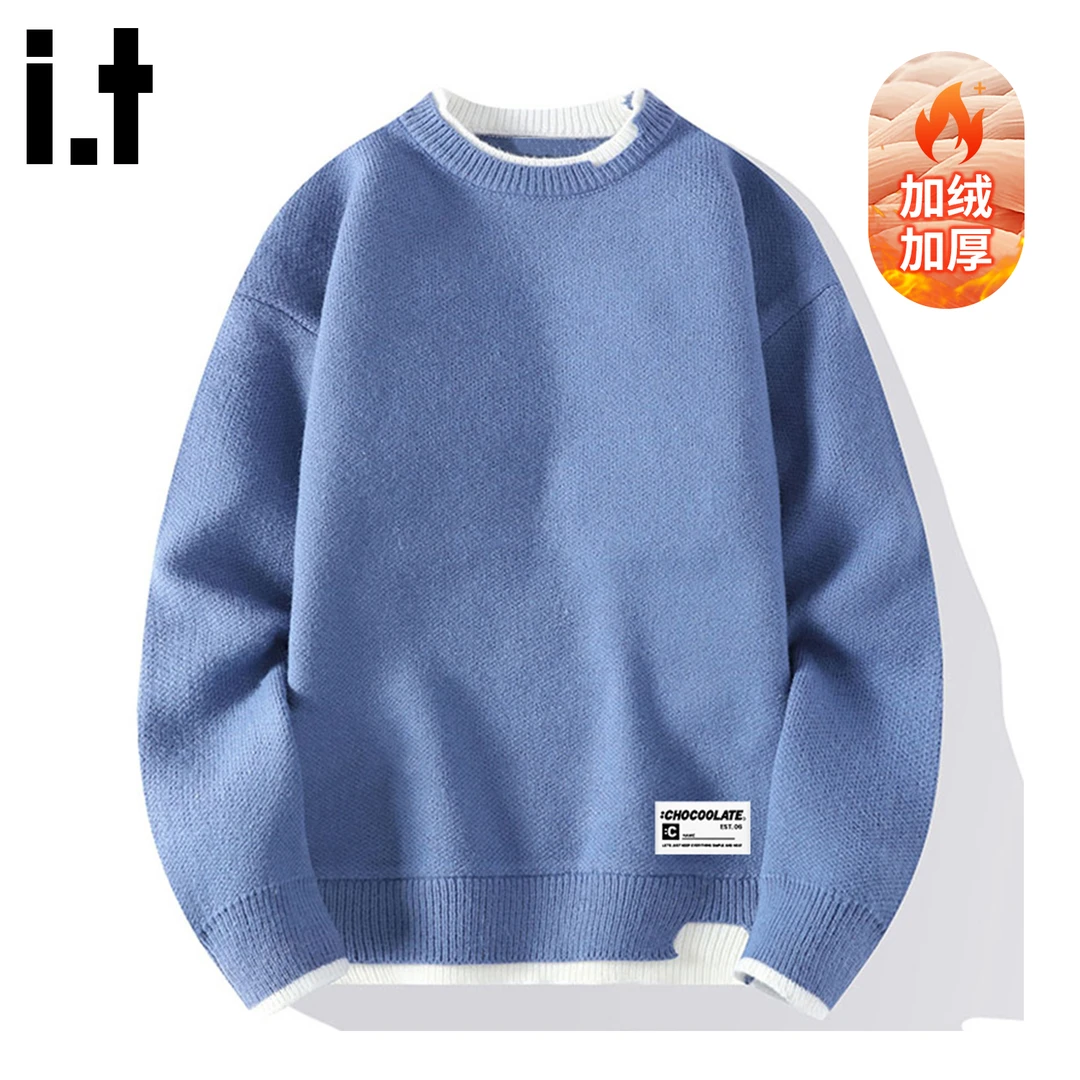 i.t:CHOCOOLATE假两件针织衫男士秋冬季新款宽松百搭加绒保暖毛衣