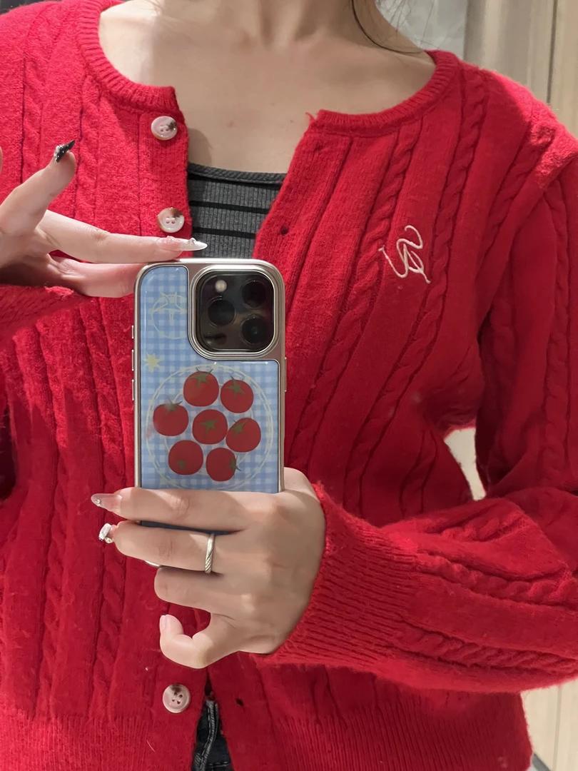 蓝格纹番茄电镀银边滴胶网红适用于苹果17手机壳