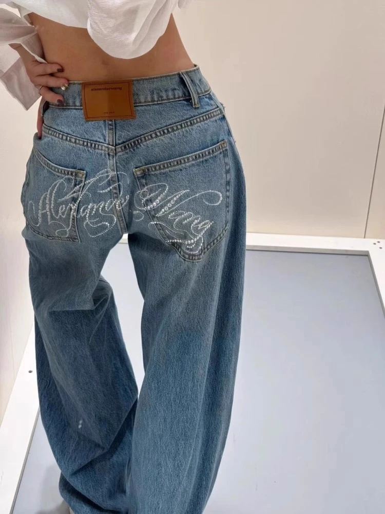 美式街头字母烫钻水洗牛仔裤女2025新款爆款网红阔腿裤直筒裤长裤