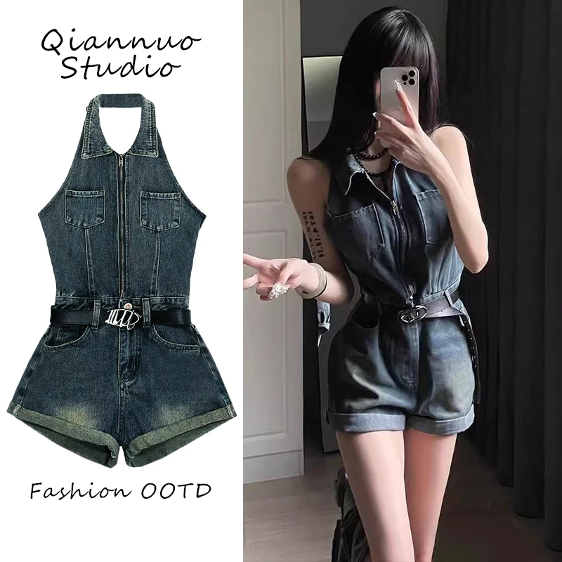 复古设计感挂脖牛仔连衣裤女夏季纯欲风露背性感卷边a字阔腿短裤