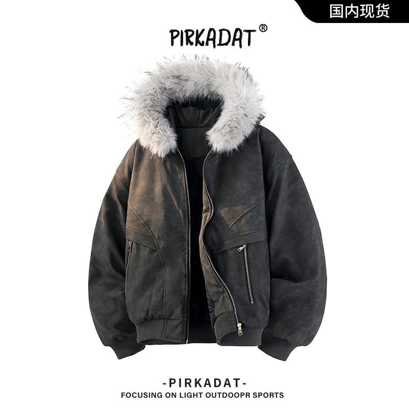 Pirkadat冬季PU皮座山雕外套新款防风防水毛领棉服男女同款棉衣