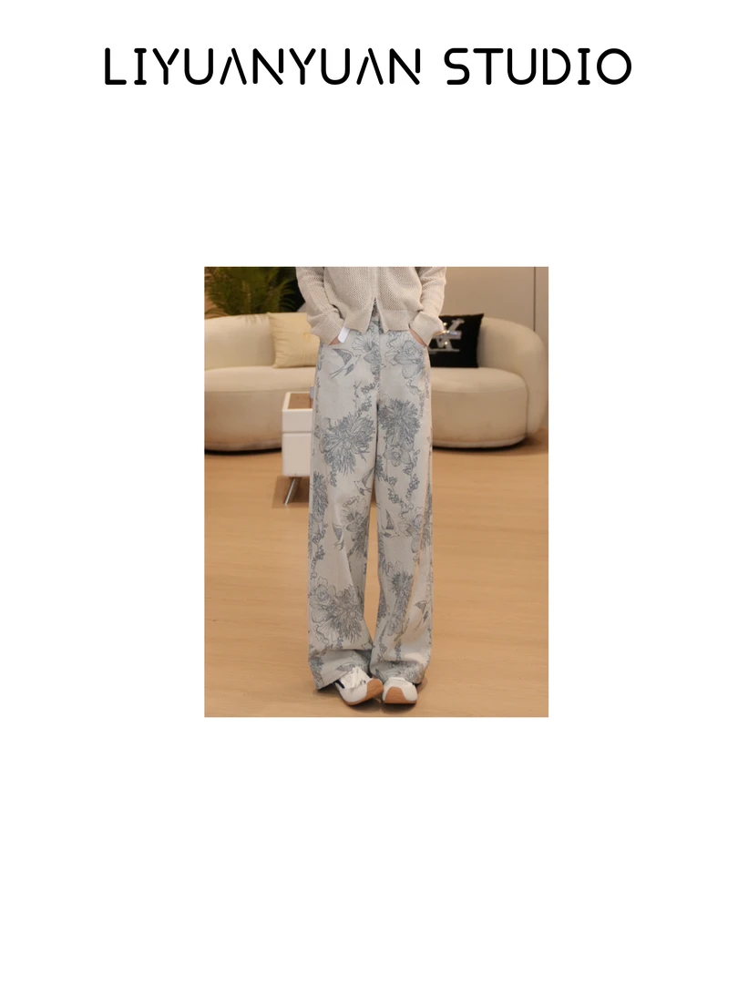 【元元】- 2025时尚设计版型 重工刺绣水墨花纹百搭气质阔腿裤 1482
