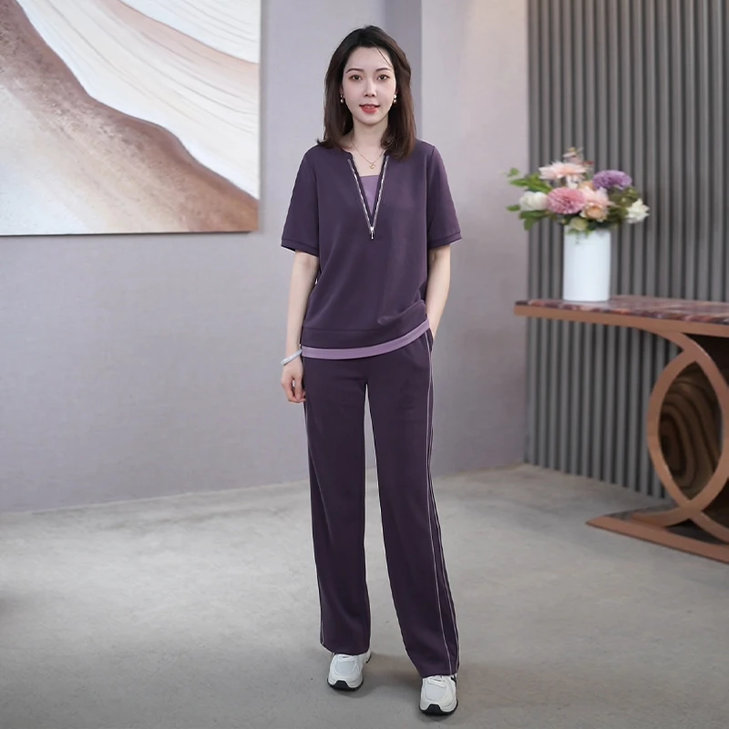 阿吉多A21620夏季套装女款2025新款假两件t恤休闲时尚长裤两件套