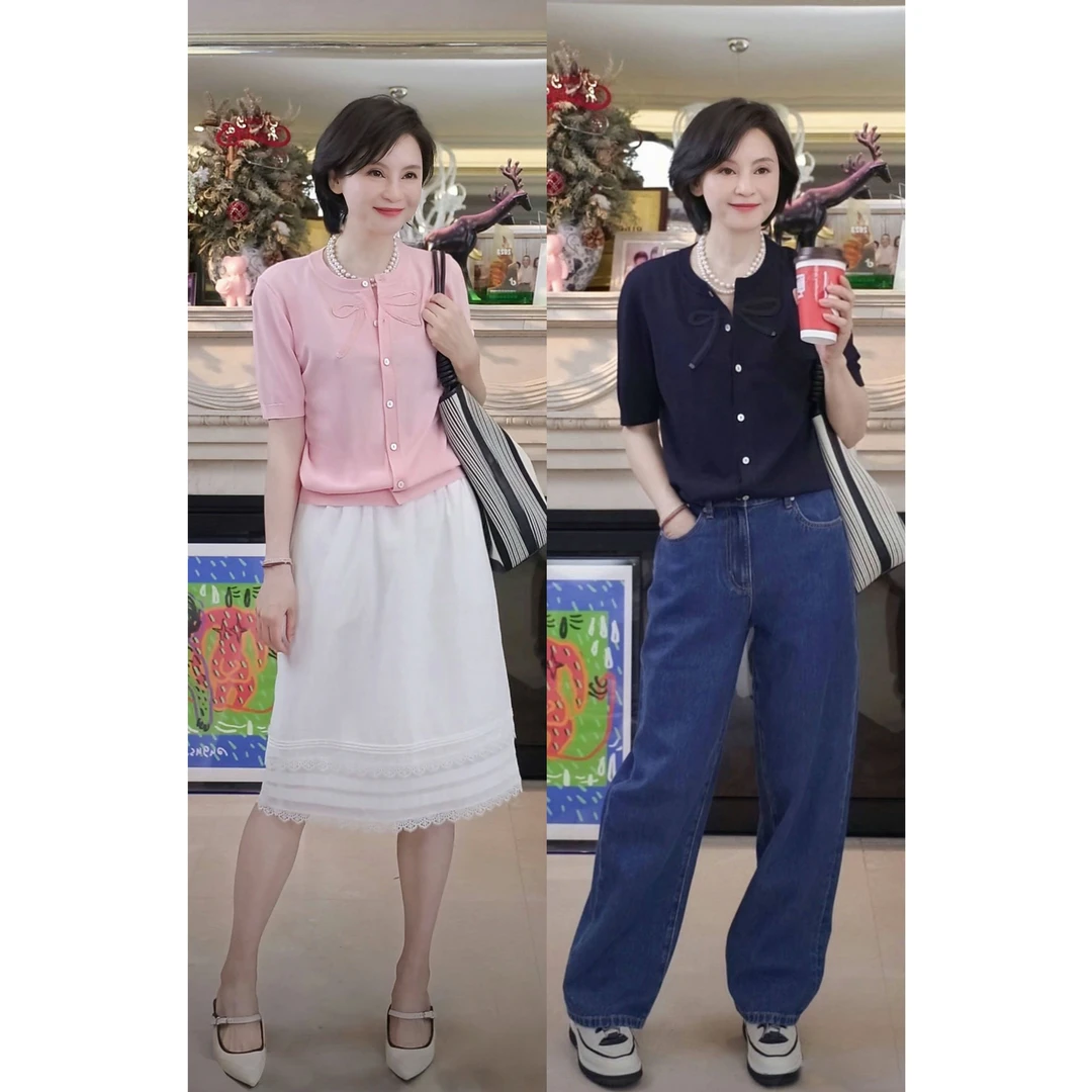 我是摩羯蒂凡尼蝴蝶结 曲珠14针进口机织秋短袖针织开衫