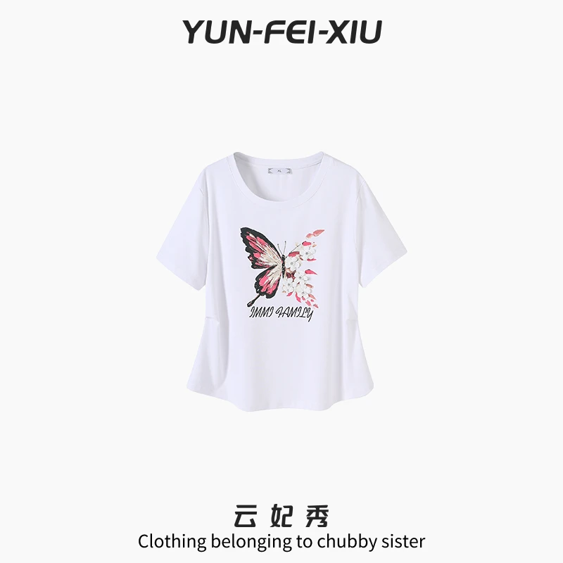 云妃秀大码女装T恤简约时尚宽松显瘦蝴蝶花卉胖妹妹短袖夏季5042