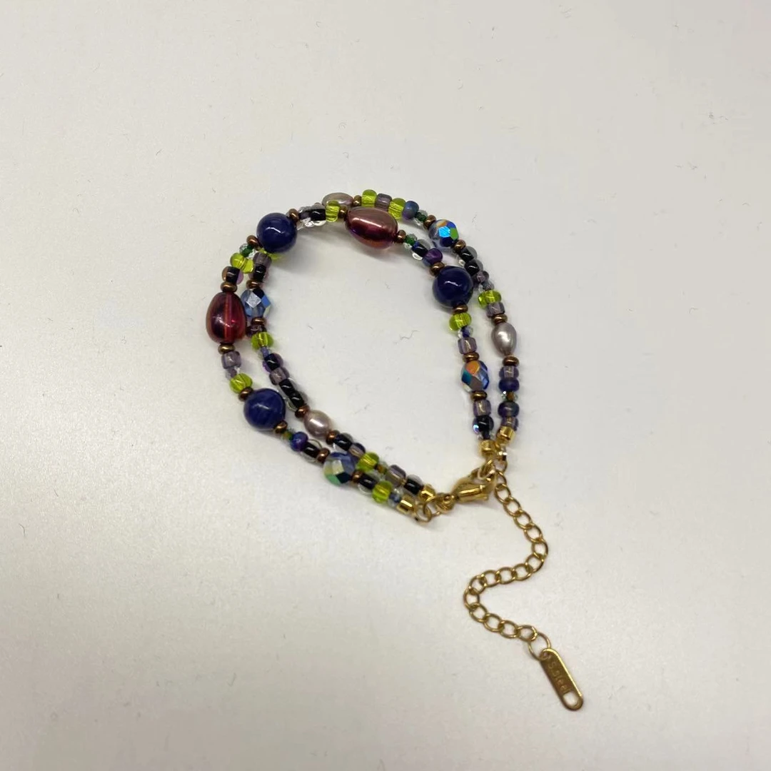 合金手链 LZ2643-1 彩色琉璃瓜子进口珠镭射三公紫双层琉璃手串
