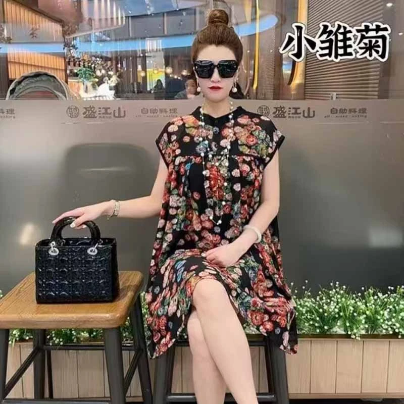 夏季砍袖连衣裙2025新款时尚遮肉显瘦舒适透气宽松中长款女士裙子