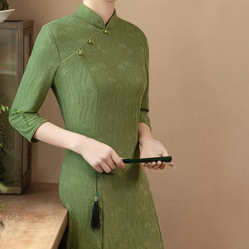 〔绿苏S504〕旗袍裙长款春夏新款新中式复古改良旗袍气质连衣裙摆裙