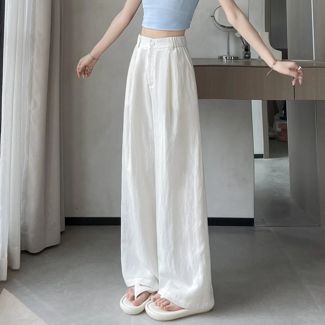白色天丝亚麻裤子女款夏薄款2025新款高腰垂感拖地休闲棉麻阔腿裤