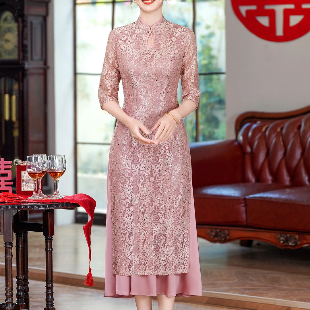 新款2025夏季文艺复古连衣裙高端蕾丝婚礼国潮婚宴装旗袍立领气质