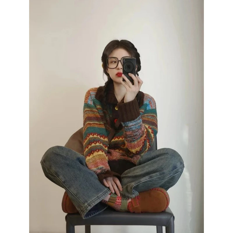 韩版费尔岛毛衣慵懒高级彩色条纹美拉德宽松显瘦复古针织上衣