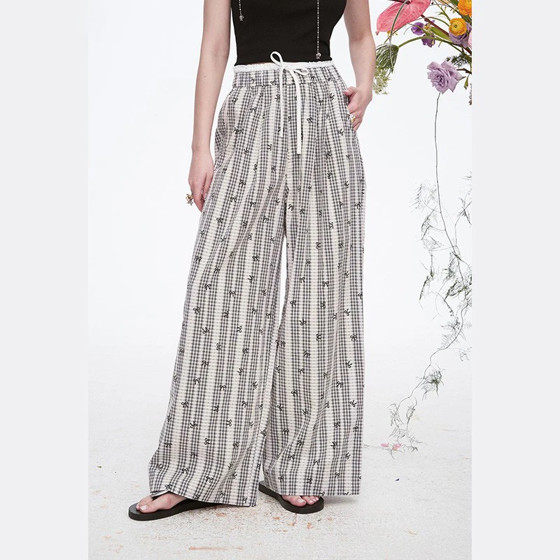 【同款低价】妖精的蕾丝格子阔腿休闲裤2025春款宽松慵懒风直筒裤子