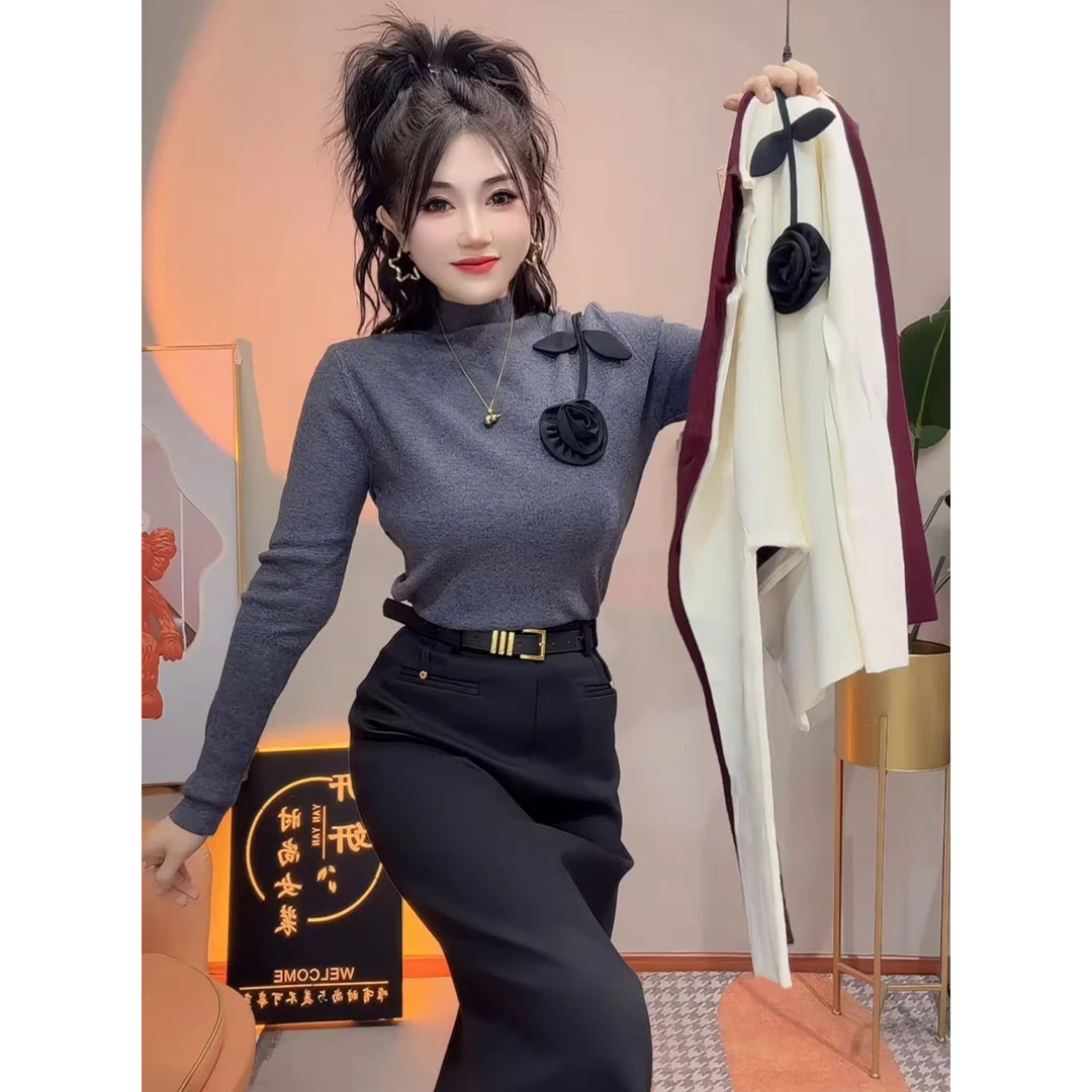 今年流行穿搭2025秋冬新款温柔风花朵拼接半高领毛针织衫长袖上衣