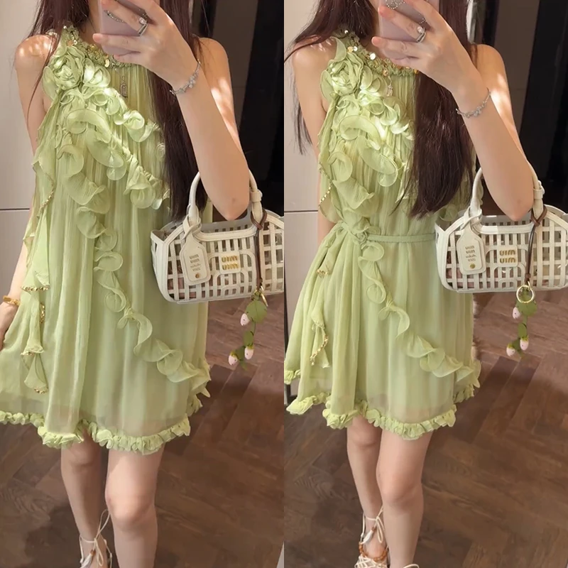【mimius】七七 薄荷梦境甜美温柔荷叶边挂脖连衣裙 G05440-2