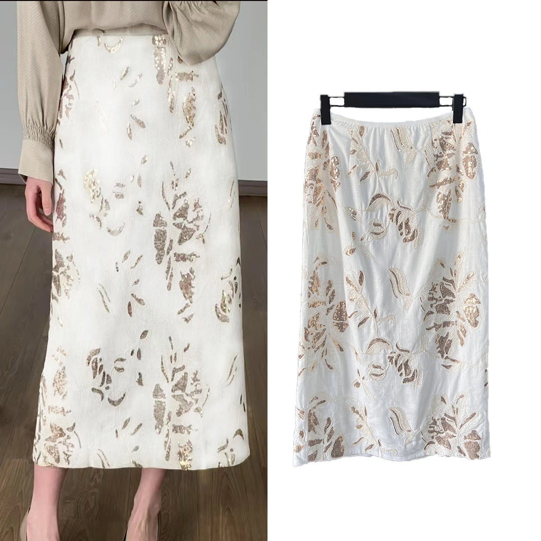 HOVENCI郝梵晞重工亮片绣花设计感气质轻奢时尚高腰包臀气质半裙