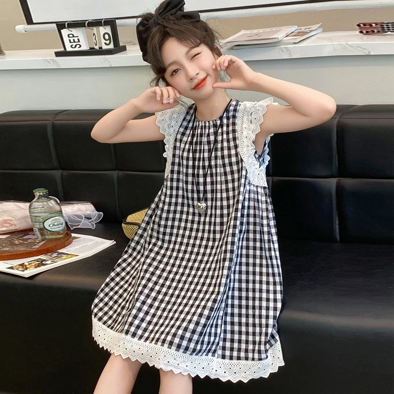 女童夏季连衣裙韩版格子甜美儿童裙子背心裙小女孩公主裙无袖薄款