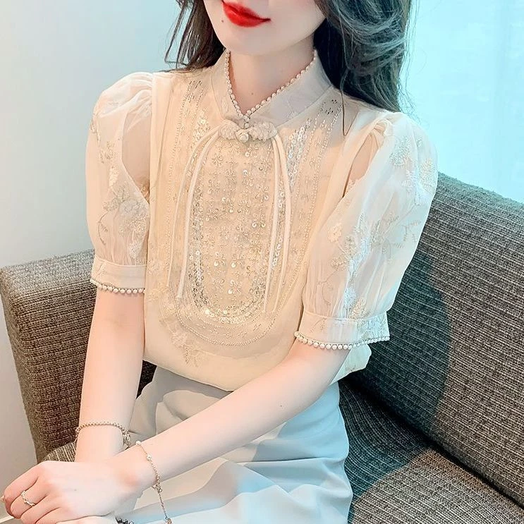 短袖雪纺衬衫泡泡袖女夏季2025年新款小众新中式独特国风旗袍上衣