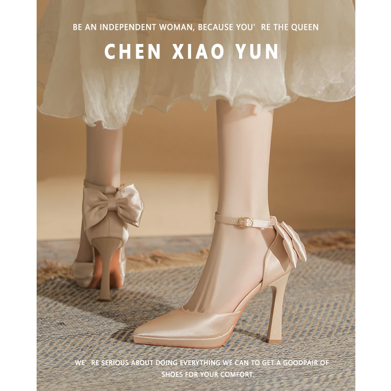 女10cm防水陈小云累脚蝴蝶结台不粗香槟色高跟鞋【法式】跟鞋主婚