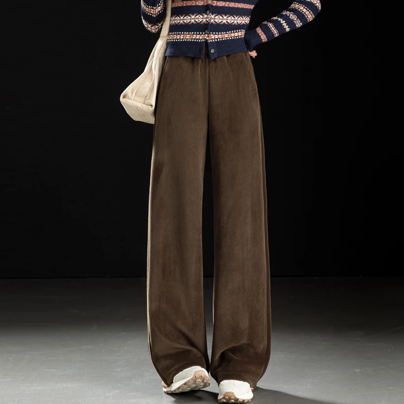 美拉德棕色丝绒裤子新款高端阔腿裤加厚女冬季加绒休闲裤直筒长裤