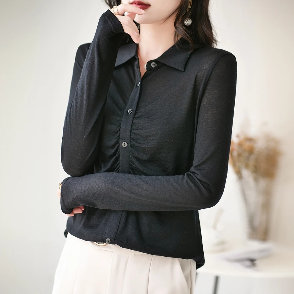 新2024内搭黑色打底衫纯羊毛衬衫女士长袖毛衣职业衬衣polo领套头