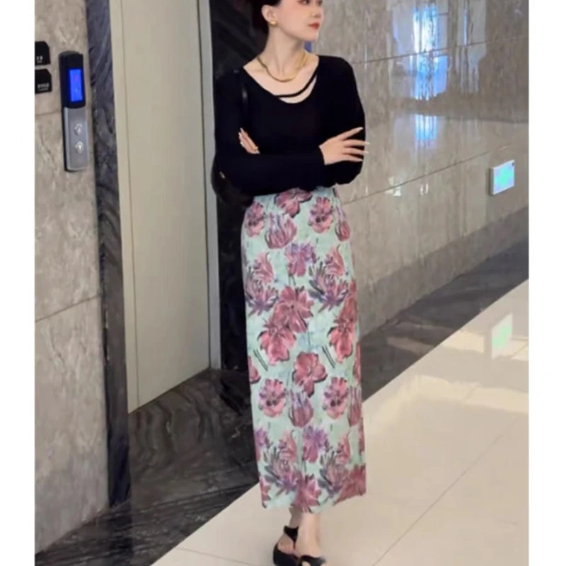 套装 夏季新款设计感薄款长袖小衫T恤高腰碎花半身裙套装 8311