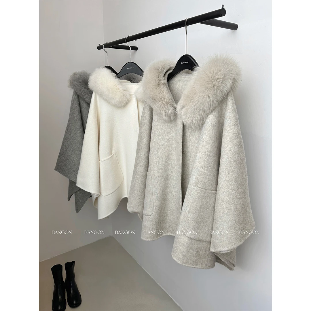 BANGON 羊毛连帽斗篷大衣名媛气质高级感2025年冬季新款披肩外套