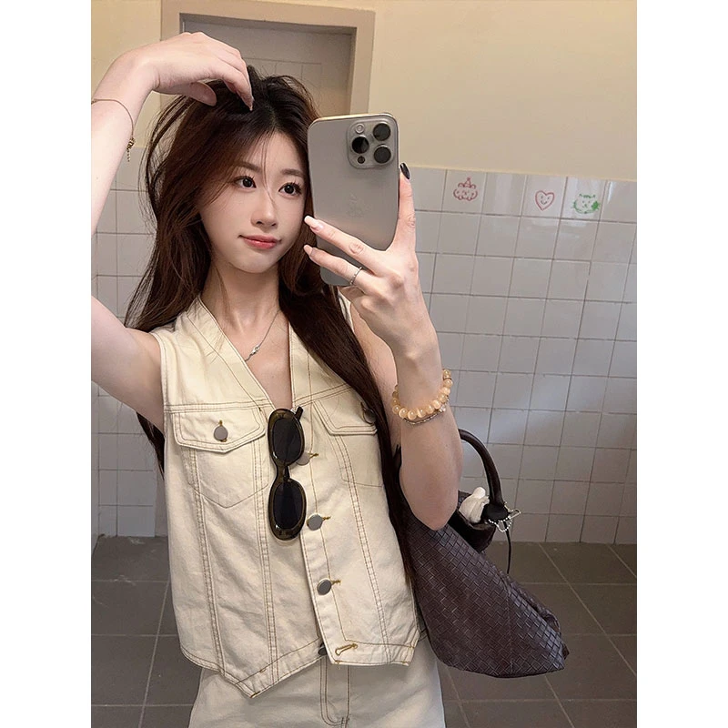 2025夏季新款港风复古牛仔马甲 牛仔短裙小个子辣妹潮流两件套女