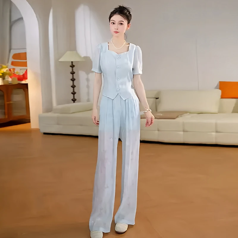 极简风休闲套装女2025年夏季新款方领开衫上衣直筒休闲裤两件套潮