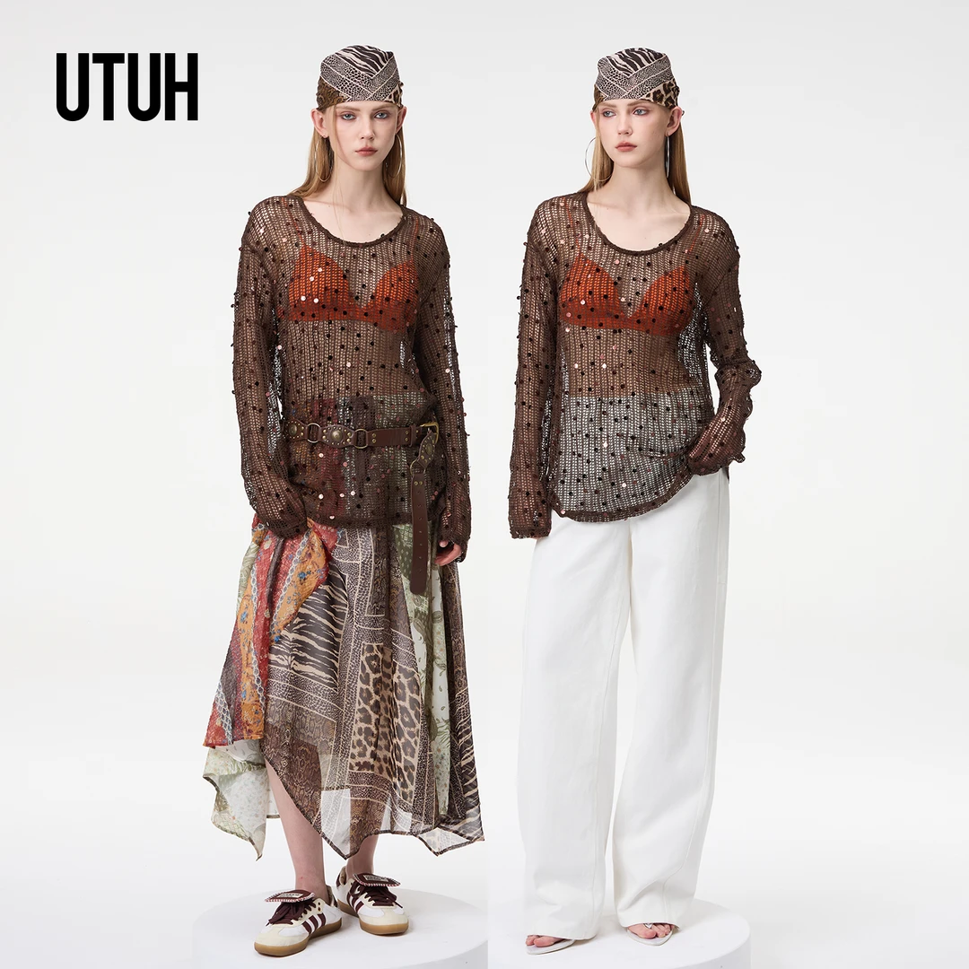 UTUH 咖色波西米亚复古风针织珠片钉珠性感透视上衣女 TUWWR2N160