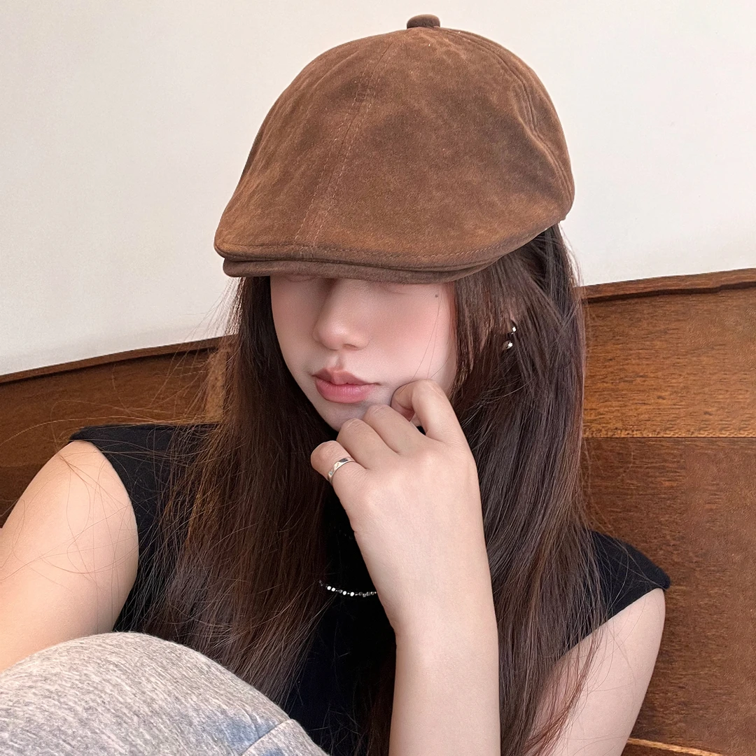 2025新款美式复古前进帽女春秋韩版反戴麂皮绒鸭舌贝雷帽画家帽男