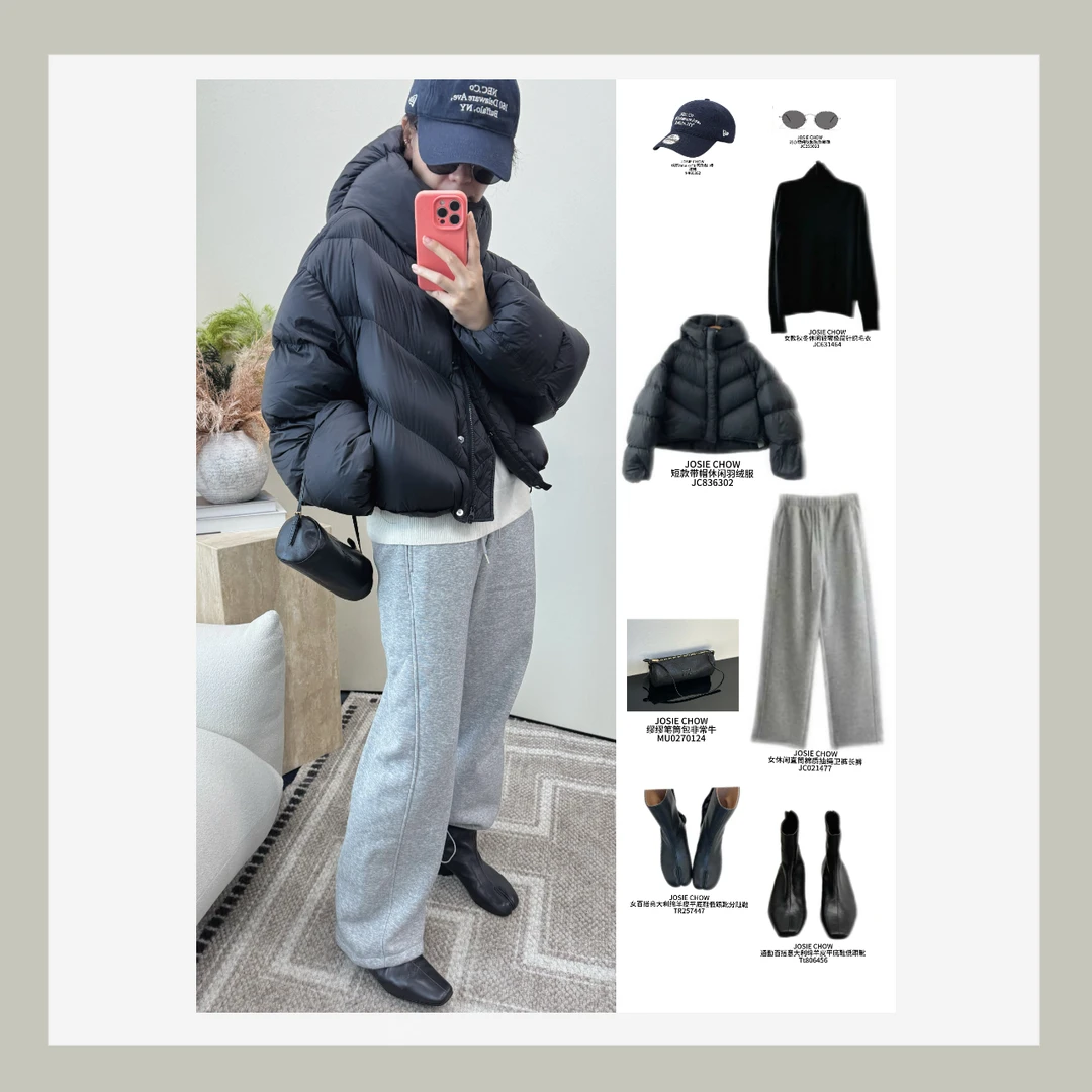 JOSIE CHOW【褐色/黑色】短款带帽休闲羽绒服。JC836302