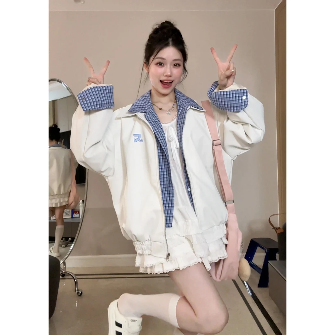 ZEXO假两件格纹夹克翻领刺绣设计宽松休闲外套春季潮流百搭必备