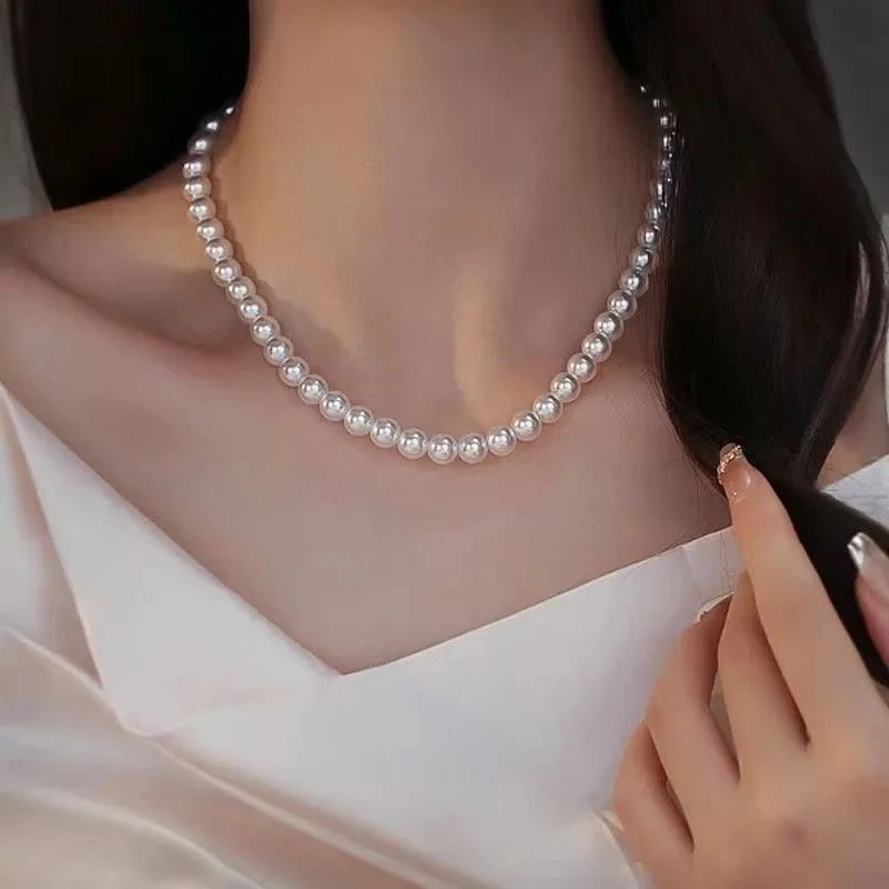合金仿珍珠项链 旺夫仿珍珠冷白施家玻璃项链元宝扣头气质百搭