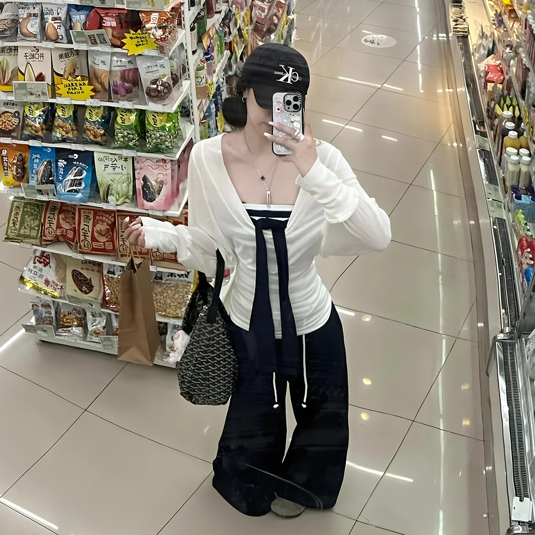 早秋穿搭一整套大码胖mm条纹抹胸罩衫阔腿裤韩系松弛感好看套装女