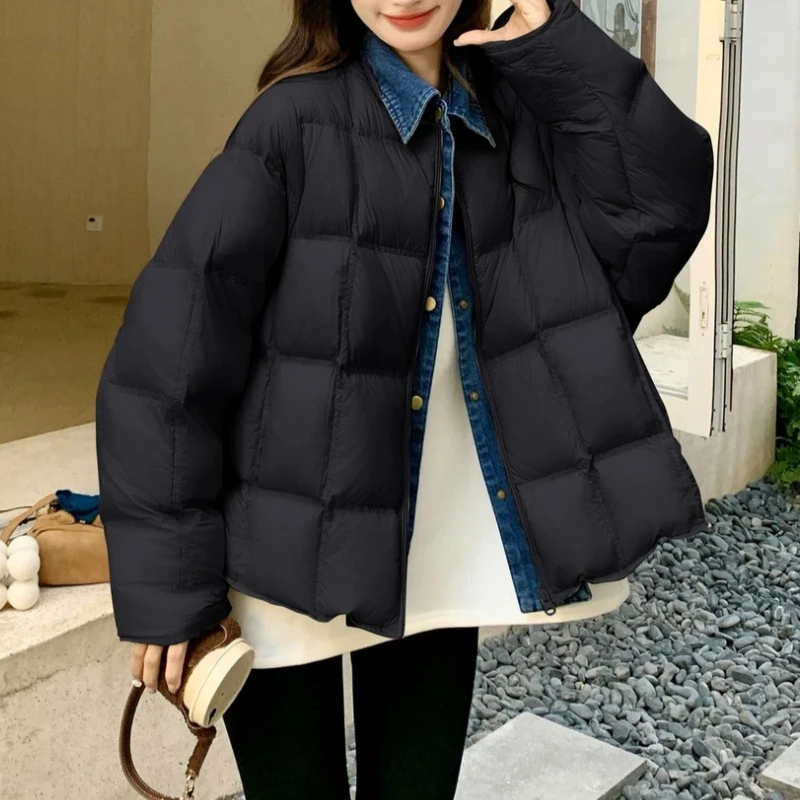 牛仔拼接领子简约棉衣棉服外套女冬季假两件加厚保暖衣