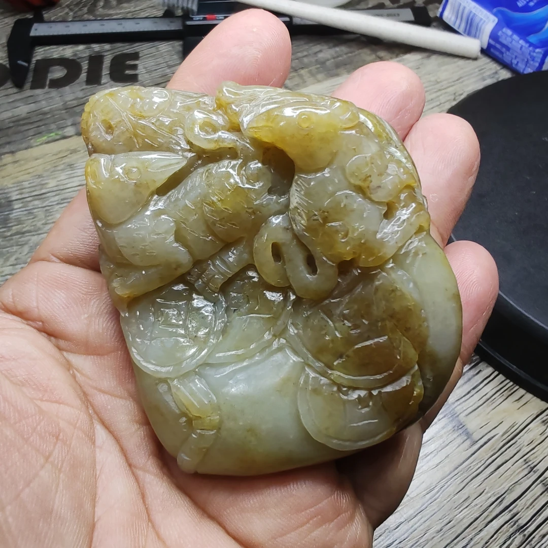 新疆和田玉且末糖料原石随形手工立体双面雕刻鼠来宝如意荷花福袋