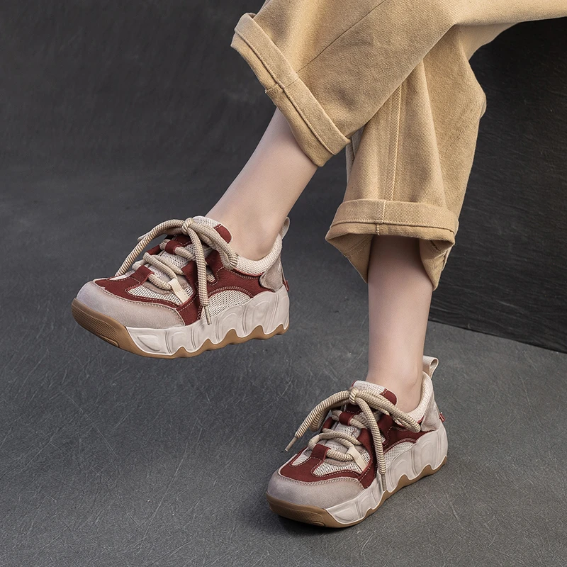 8910-1头层牛皮网面透气松糕底夏季软底防滑轻便舒适休闲运动女鞋